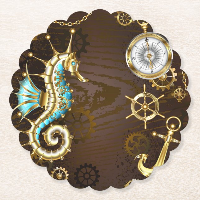 Wooden Background with Mechanical Seahorse Paper Coaster (Front)
