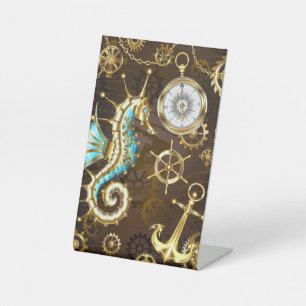 Wooden Background with Mechanical Seahorse Pedestal Sign