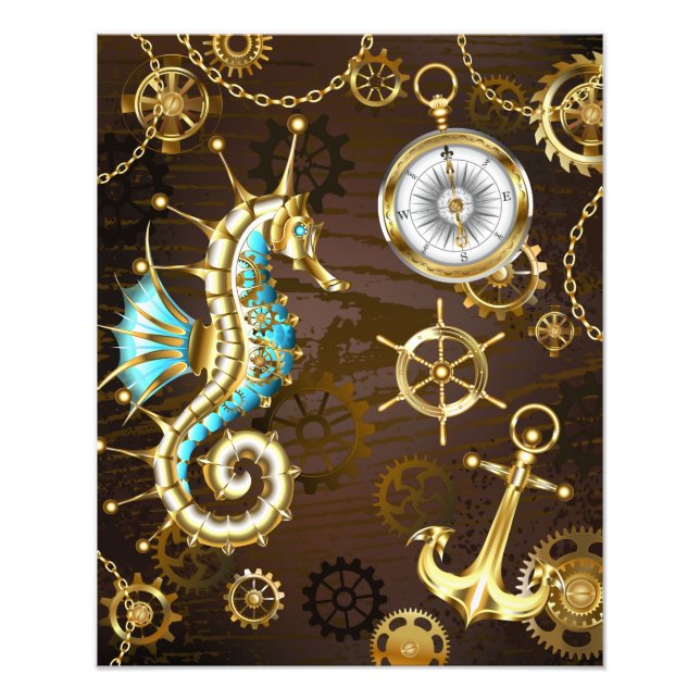 Wooden Background with Mechanical Seahorse Photo Print (Front)
