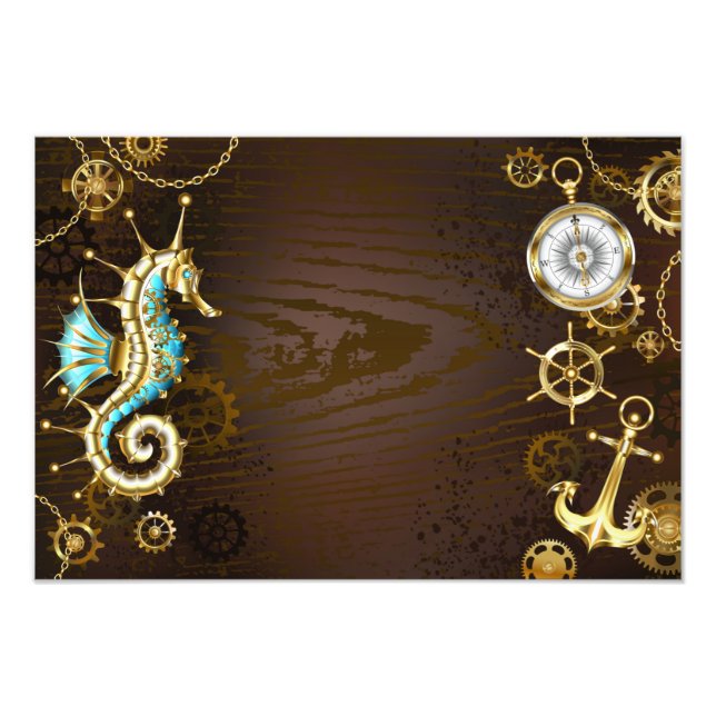 Wooden Background with Mechanical Seahorse Photo Print (Front)