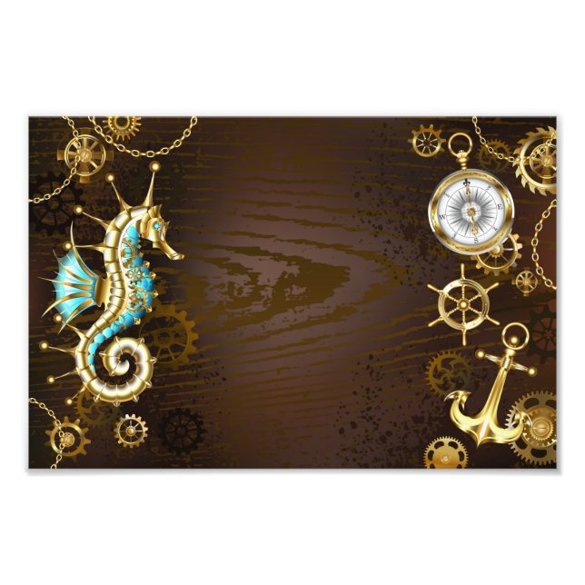 Wooden Background with Mechanical Seahorse Photo Print (Front)