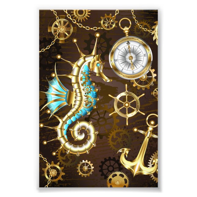 Wooden Background with Mechanical Seahorse Photo Print (Front)