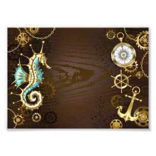 Wooden Background with Mechanical Seahorse Photo Print