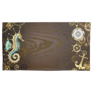 Wooden Background with Mechanical Seahorse Pillowcase