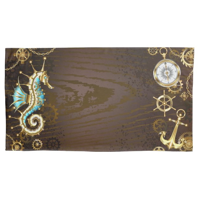 Wooden Background with Mechanical Seahorse Pillowcase (Front-Left)