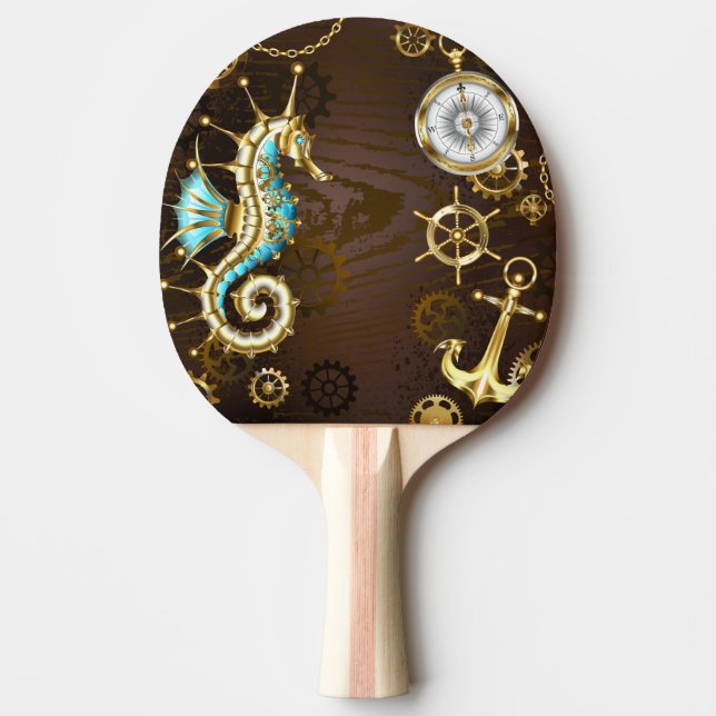 Wooden Background with Mechanical Seahorse Ping Pong Paddle (Front)