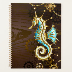 Wooden Background with Mechanical Seahorse Planner