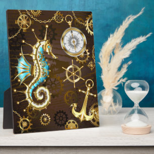 Wooden Background with Mechanical Seahorse Plaque