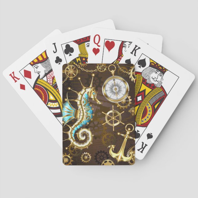 Wooden Background with Mechanical Seahorse Playing Cards (Back)