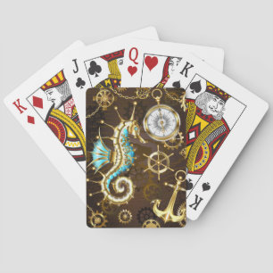 Wooden Background with Mechanical Seahorse Playing Cards