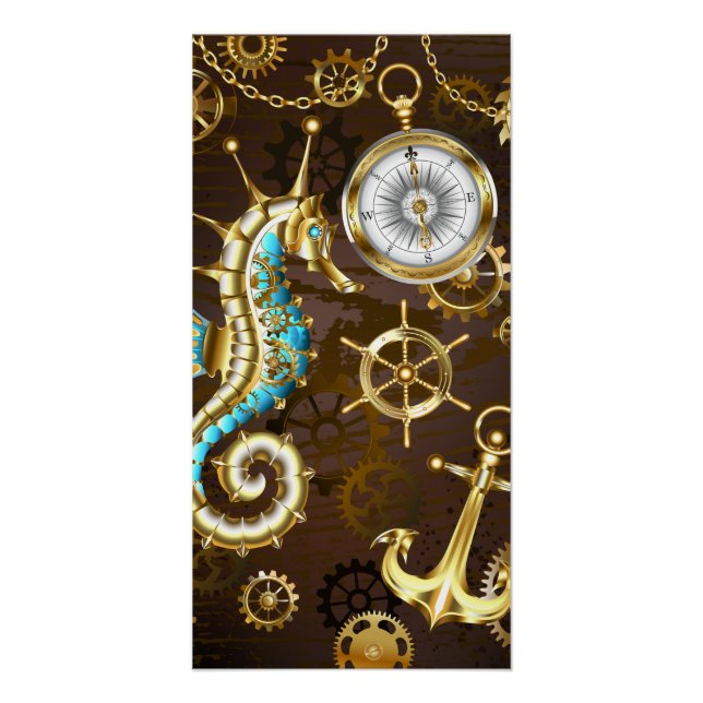 Wooden Background with Mechanical Seahorse Poster (Front)