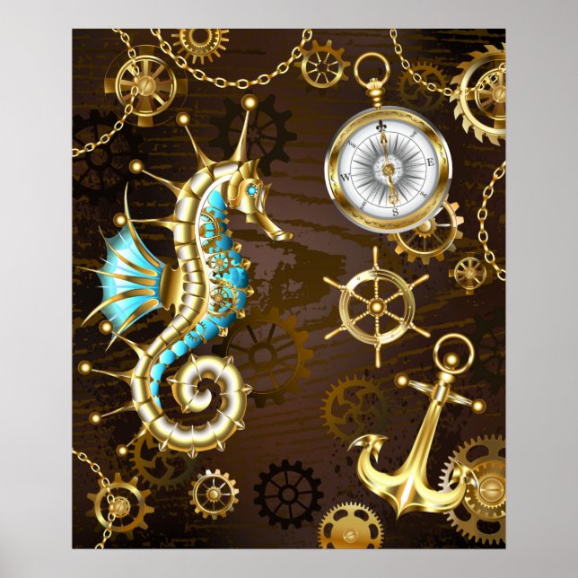 Wooden Background with Mechanical Seahorse Poster (Front)