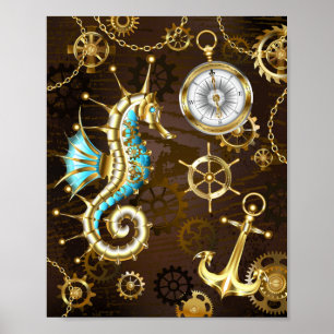 Wooden Background with Mechanical Seahorse Poster