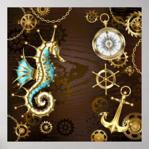 Wooden Background with Mechanical Seahorse Poster
