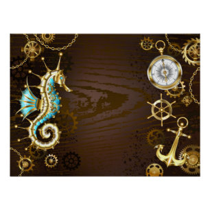 Wooden Background with Mechanical Seahorse Poster