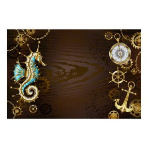 Wooden Background with Mechanical Seahorse Poster