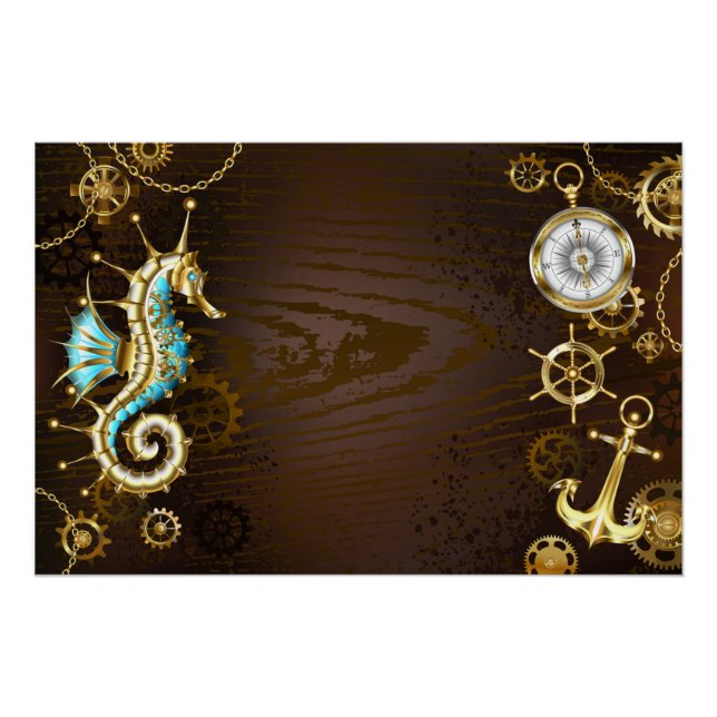 Wooden Background with Mechanical Seahorse Poster (Front)