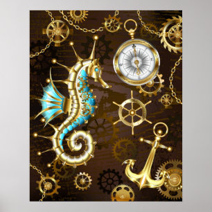 Wooden Background with Mechanical Seahorse Poster