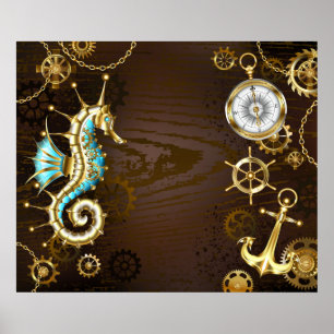 Wooden Background with Mechanical Seahorse Poster