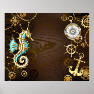 Wooden Background with Mechanical Seahorse Poster