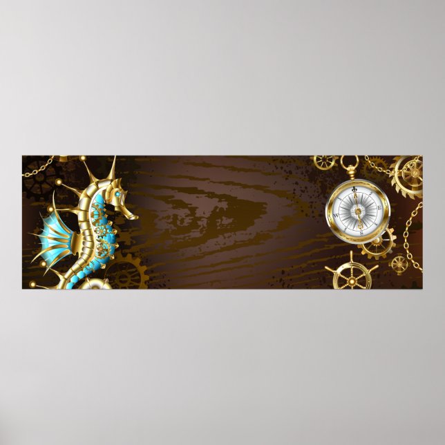 Wooden Background with Mechanical Seahorse Poster (Front)