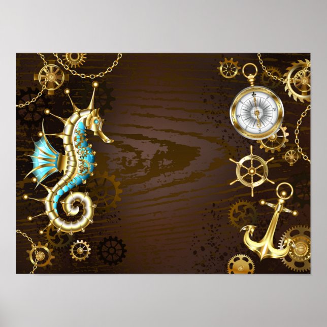 Wooden Background with Mechanical Seahorse Poster (Front)