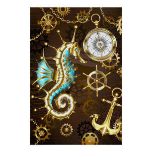 Wooden Background with Mechanical Seahorse Poster