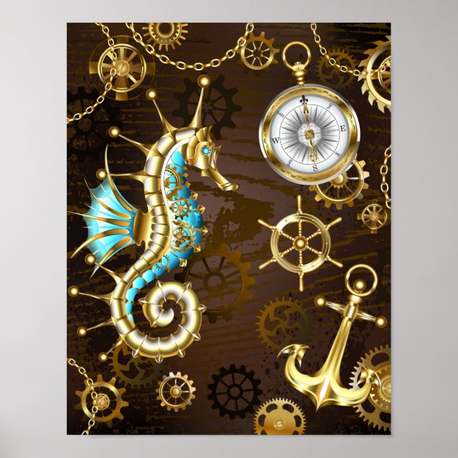 Wooden Background with Mechanical Seahorse Poster (Front)