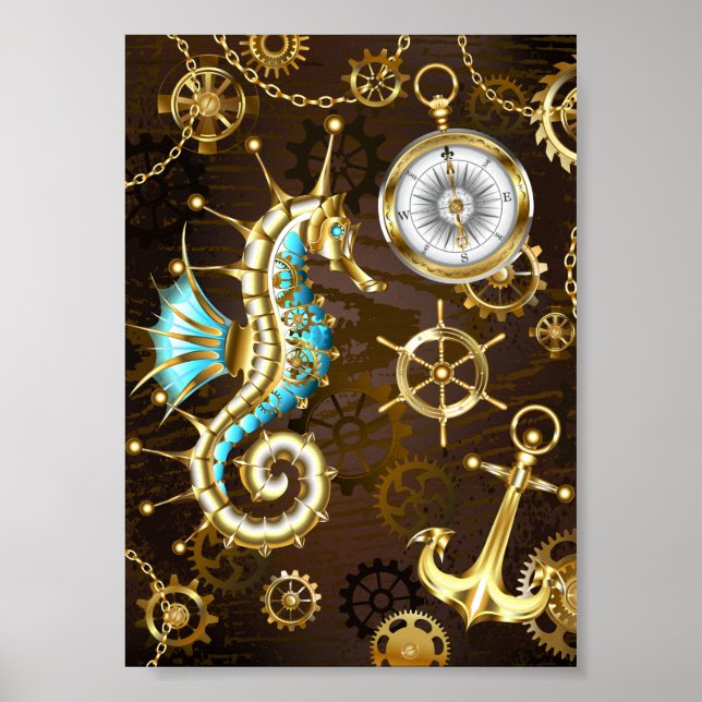 Wooden Background with Mechanical Seahorse Poster (Front)