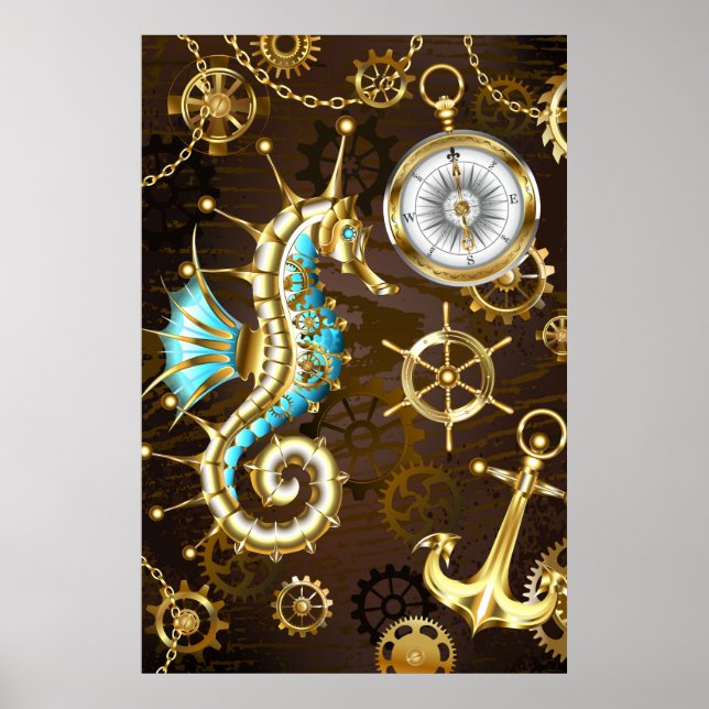 Wooden Background with Mechanical Seahorse Poster (Front)