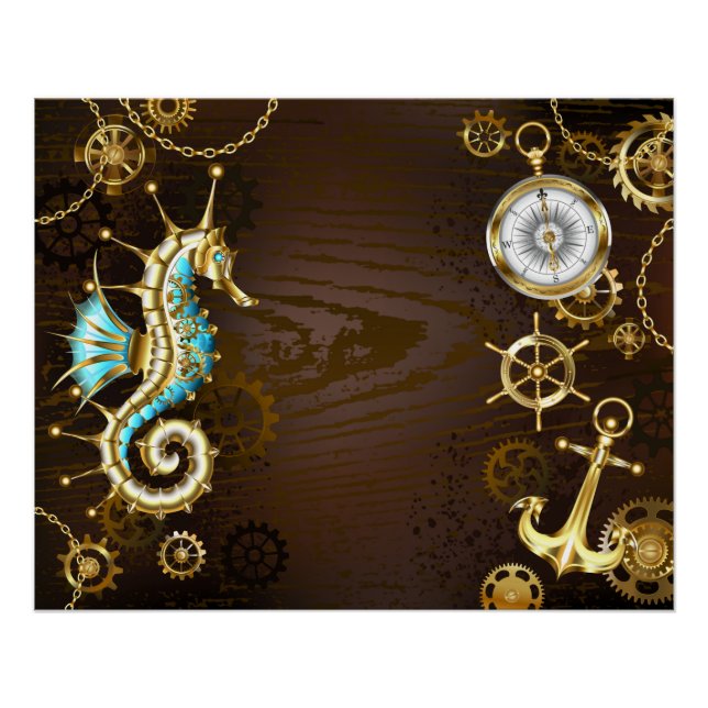Wooden Background with Mechanical Seahorse Poster (Front)