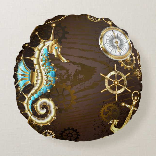 Wooden Background with Mechanical Seahorse Round Cushion (Front)