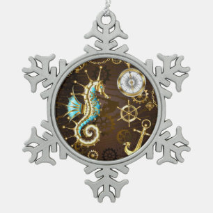 Wooden Background with Mechanical Seahorse Snowflake Pewter Christmas Ornament