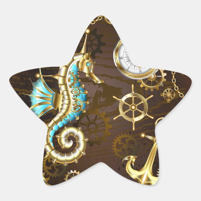 Wooden Background with Mechanical Seahorse Star Sticker (Front)