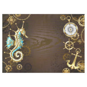 Wooden Background with Mechanical Seahorse Tablecloth