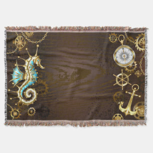 Wooden Background with Mechanical Seahorse Throw Blanket