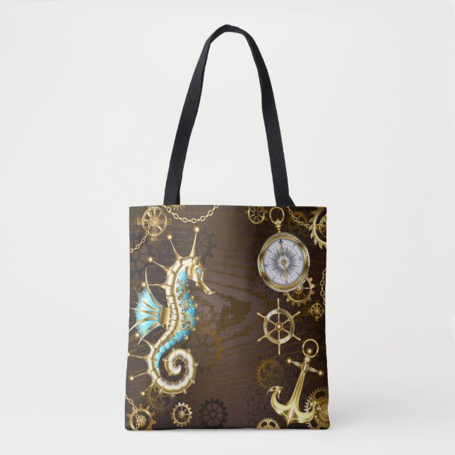 Wooden Background with Mechanical Seahorse Tote Bag (Front)