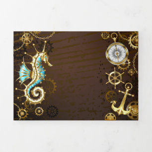 Wooden Background with Mechanical Seahorse Tri-Fold Card