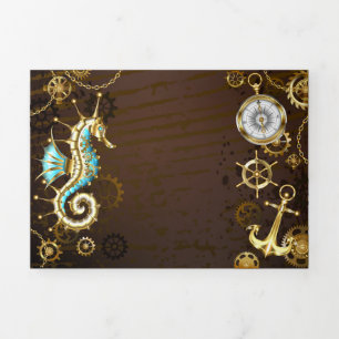Wooden Background with Mechanical Seahorse Tri-Fold Holiday Card
