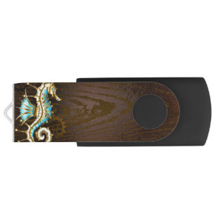 Wooden Background with Mechanical Seahorse USB Flash Drive