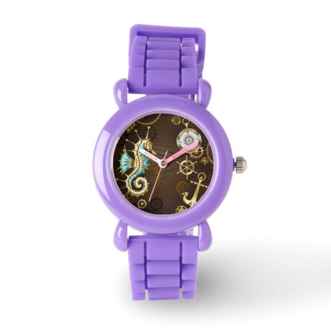 Wooden Background with Mechanical Seahorse Watch (Front)