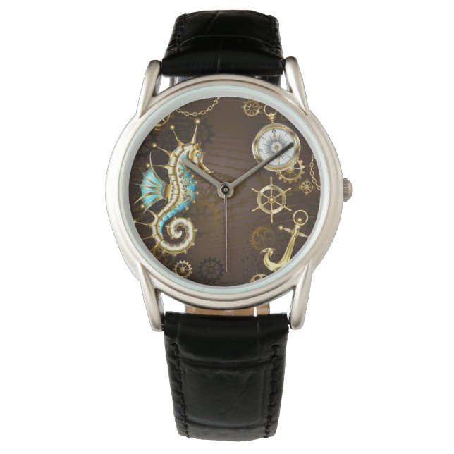 Wooden Background with Mechanical Seahorse Watch (Front)