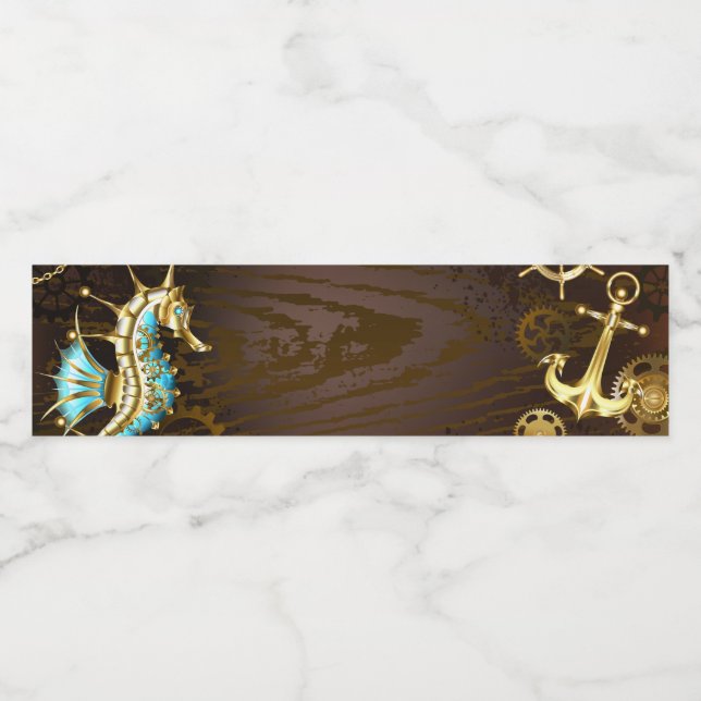 Wooden Background with Mechanical Seahorse Water Bottle Label (Single Label)