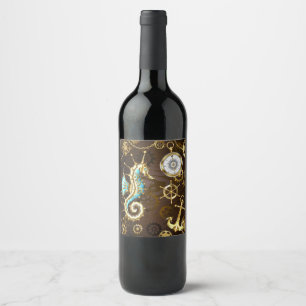 Wooden Background with Mechanical Seahorse Wine Label