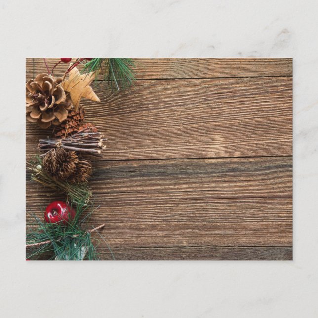 wooden background with pine cones          holiday postcard (Front)