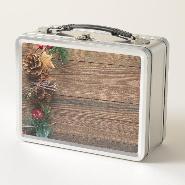wooden background with pine cones       metal lunch box (Front)