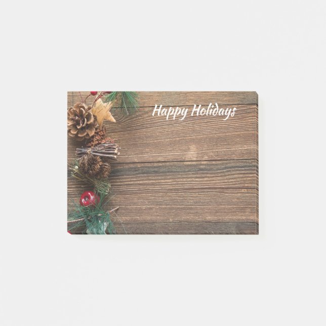 wooden background with pine cones post-it notes (Front)
