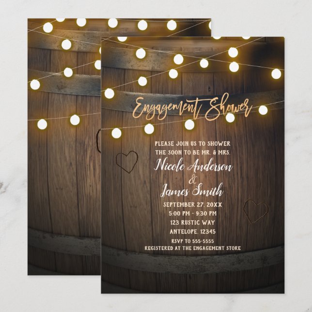 Wooden Barrel Carved Heart Light Engagement Shower Invitation (Front/Back)