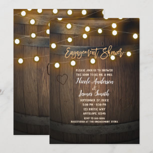 Wooden Barrel Carved Heart Light Engagement Shower Invitation