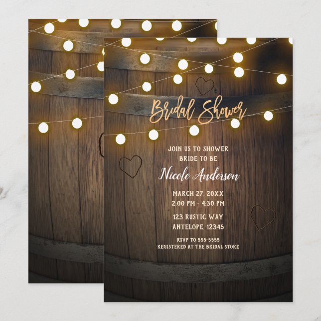 Wooden Barrel Carved Heart Lights Bridal Shower Invitation (Front/Back)